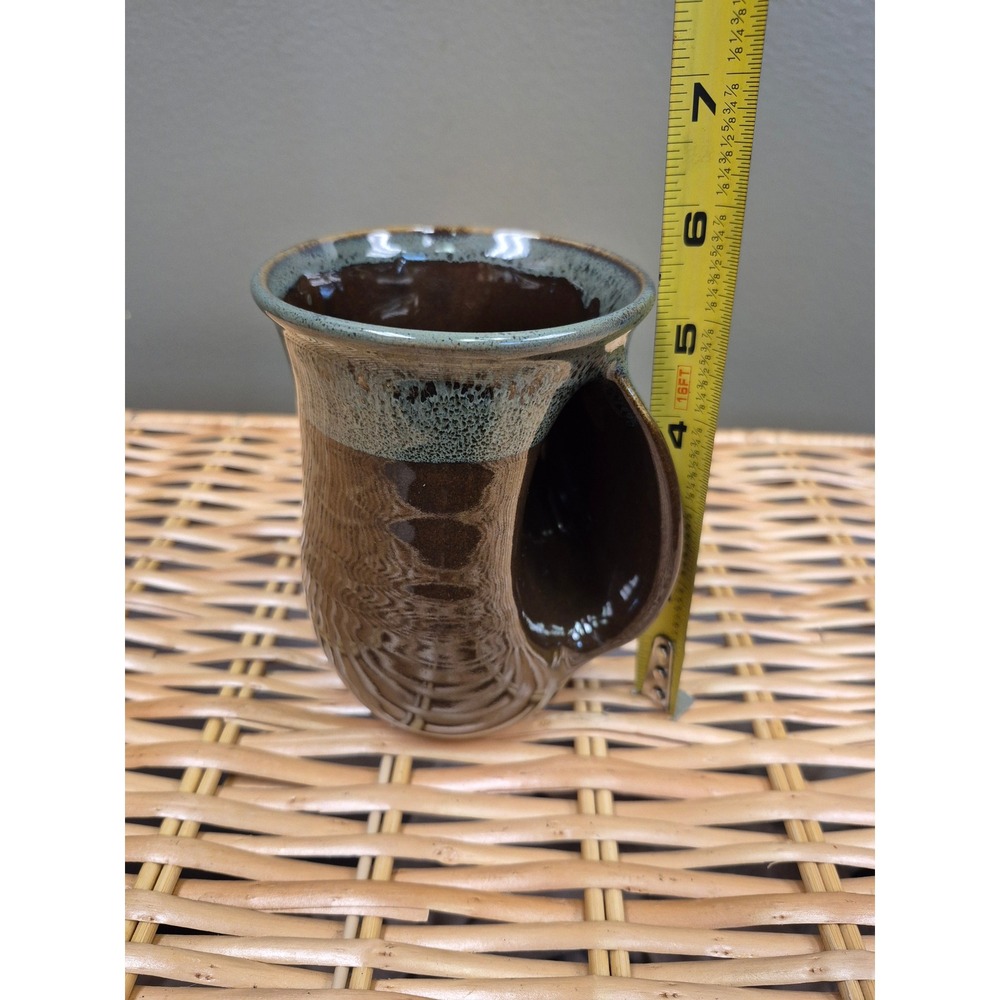 Fisher 2018 Studio Pottery Hand Warmer Mug Right Handed Brown Green Handmade